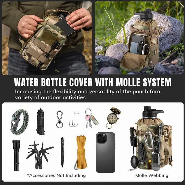 Alt view image 5 of 7 - 64Oz Tactical Water Bottle - Half Gallon Stainless Steel Insulated Water Bottle, Metal Military Bottle with Rugged, Removable Sleeve Tactical Carrier Bag for Hiking Camping Hunting (CP)