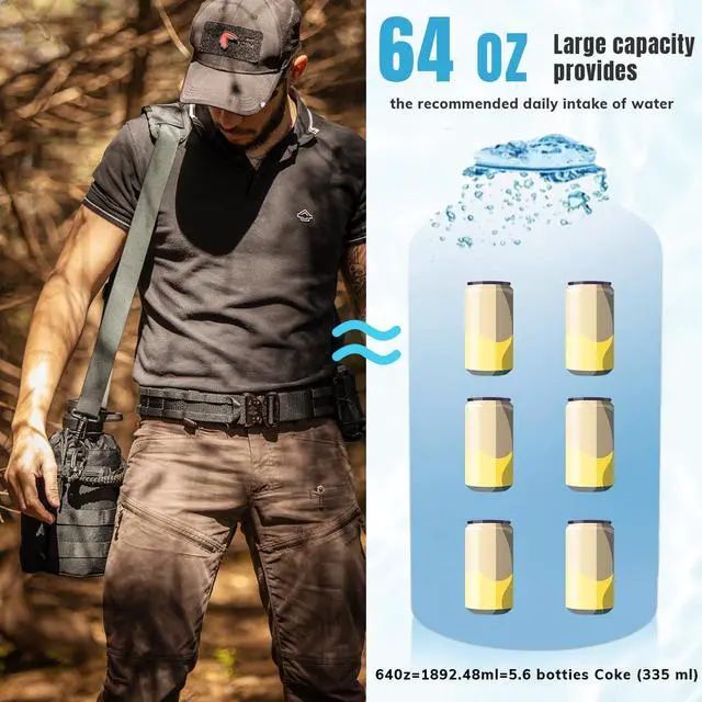 Alt view image 7 of 7 - 64Oz Tactical Water Bottle - Half Gallon Stainless Steel Insulated Water Bottle, Metal Military Bottle with Rugged, Removable Sleeve Tactical Carrier Bag for Hiking Camping Hunting (CP)