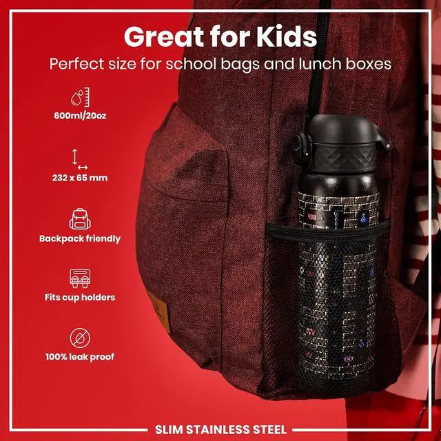 Alt view image 2 of 7 - ION8 Steel Water Bottle, 600 ml/20 oz, Leak Proof, Easy to Open, Secure Lock, Dishwasher Safe, Flip Cover, Fits Cup Holders, Carry Handle, Durable, Scratch Resistant, Raised Print, Gaming Design