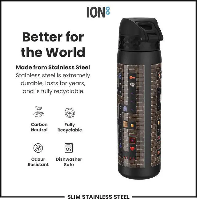 Alt view image 5 of 7 - ION8 Steel Water Bottle, 600 ml/20 oz, Leak Proof, Easy to Open, Secure Lock, Dishwasher Safe, Flip Cover, Fits Cup Holders, Carry Handle, Durable, Scratch Resistant, Raised Print, Gaming Design