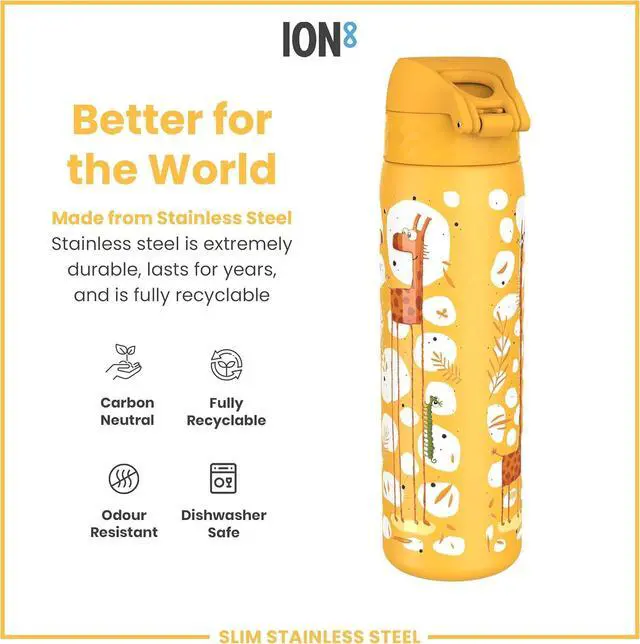 Alt view image 5 of 7 - Ion8 Steel Water Bottle, 600 ml/20 oz, Leak Proof, Easy to Open, Secure Lock, Dishwasher Safe, Flip Cover, Fits Cup Holders, Carry Handle, Durable, Scratch Resistant, Raised Print, Giraffes Design