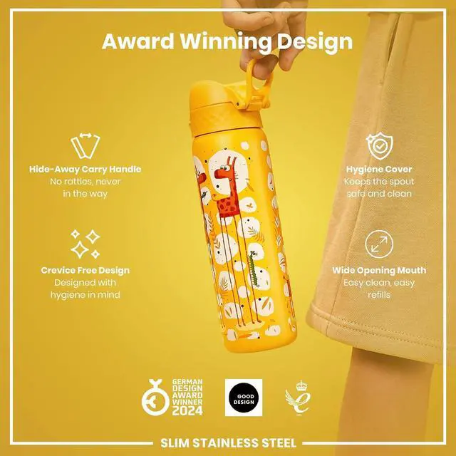 Alt view image 6 of 7 - Ion8 Steel Water Bottle, 600 ml/20 oz, Leak Proof, Easy to Open, Secure Lock, Dishwasher Safe, Flip Cover, Fits Cup Holders, Carry Handle, Durable, Scratch Resistant, Raised Print, Giraffes Design