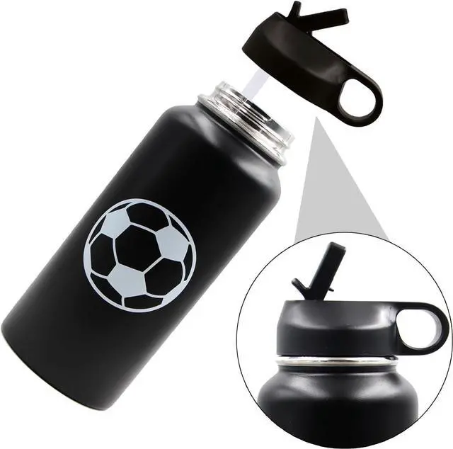 Alt view image 2 of 6 - 32 oz Soccer Water Bottle, Wide Mouth Sports Flask Travel Tumbler with 2 Lids, Stainless Steel Double Wall Vacuum Leak Proof Insulated Water Bottles, Soccer Stuff Gifts for Mom Men Boys Girls Player