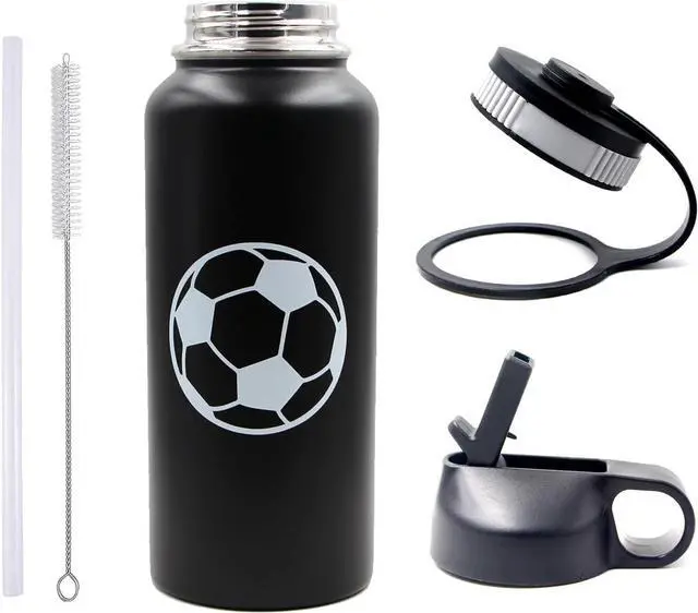 Alt view image 6 of 6 - 32 oz Soccer Water Bottle, Wide Mouth Sports Flask Travel Tumbler with 2 Lids, Stainless Steel Double Wall Vacuum Leak Proof Insulated Water Bottles, Soccer Stuff Gifts for Mom Men Boys Girls Player