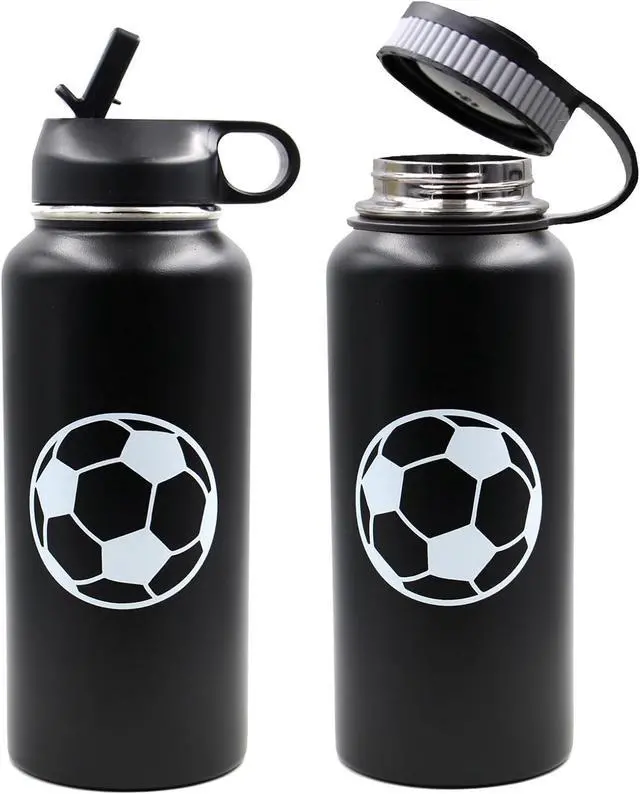 Alt view image 5 of 6 - 32 oz Soccer Water Bottle, Wide Mouth Sports Flask Travel Tumbler with 2 Lids, Stainless Steel Double Wall Vacuum Leak Proof Insulated Water Bottles, Soccer Stuff Gifts for Mom Men Boys Girls Player