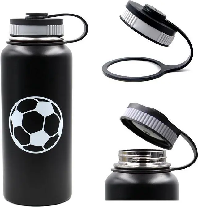 Alt view image 3 of 6 - 32 oz Soccer Water Bottle, Wide Mouth Sports Flask Travel Tumbler with 2 Lids, Stainless Steel Double Wall Vacuum Leak Proof Insulated Water Bottles, Soccer Stuff Gifts for Mom Men Boys Girls Player