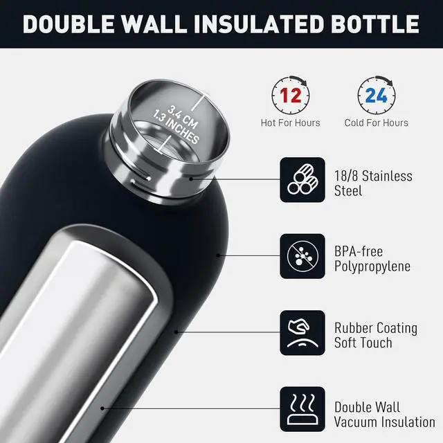 Alt view image 5 of 7 - Small Water Bottles 12 oz with Handle Lid and Carabiner, Mini Insulated Water Bottle Double Wall Vacuum Leakproof for Kids/Adults (Black)