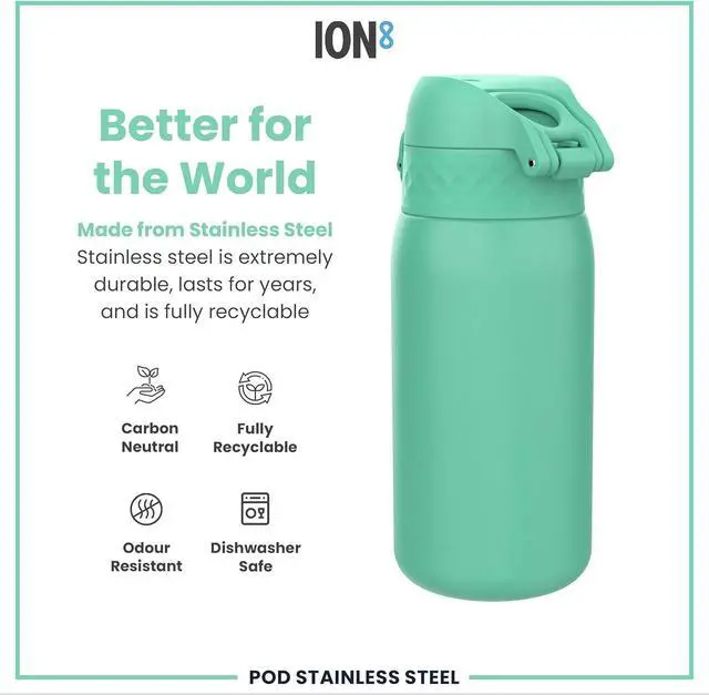 Alt view image 6 of 7 - Ion8 Kids Water Bottle, Steel 400 ml/13 oz, Leak Proof, Easy to Open, Secure Lock, Dishwasher Safe, Flip Cover, Carry Handle, Easy Clean, Durable, Scratch Resistant, Carbon Neutral, Teal Green