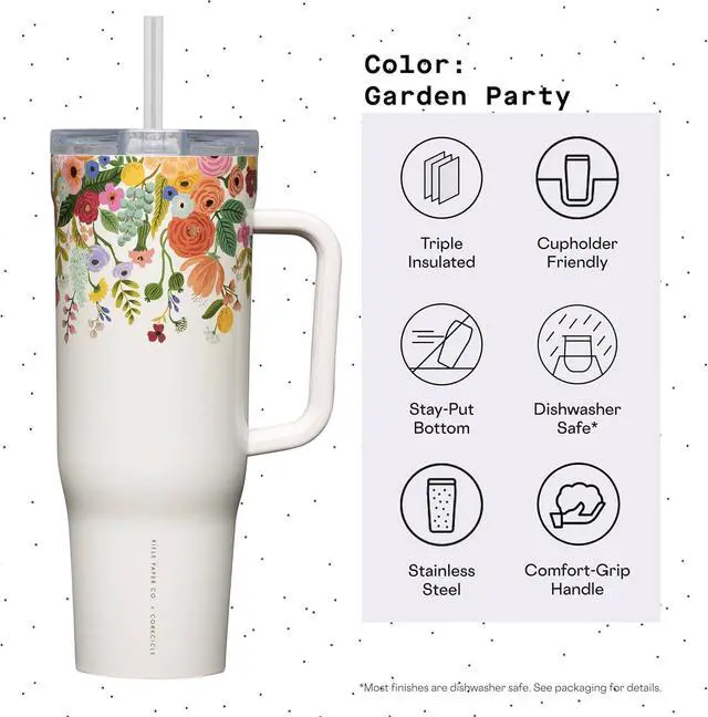 Alt view image 4 of 6 - Corkcicle x Rifle Paper Co. Cruiser Insulated Tumbler with Handle & Straw - Keeps Drinks Cold 20 Hours - BPA-Free - Gift for Mom - Great for Mother's Day or Christmas - 40 oz - Garden Party Cream