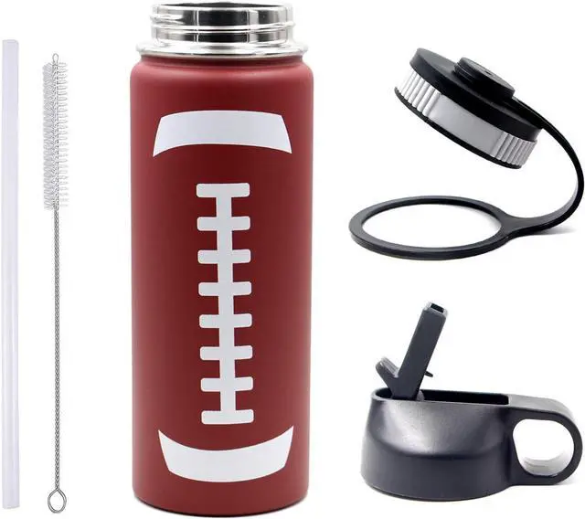 Alt view image 6 of 6 - 18 oz Football Water Bottle, Metal Thermo Travel Mug Sports Flask with 2 Lids, Stainless Steel Double Wall Vacuum Insulated Leak Proof Water Bottles, Football Accessories Gifts for Mom Men Boys Girls