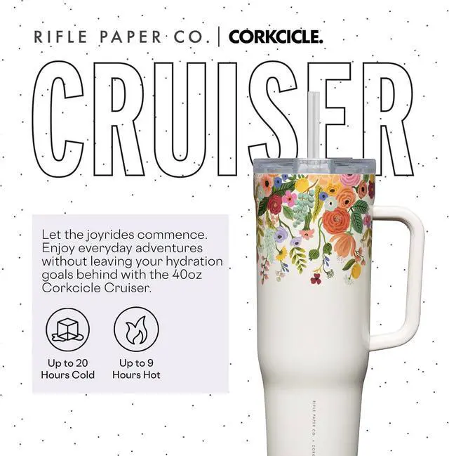 Alt view image 2 of 6 - Corkcicle x Rifle Paper Co. Cruiser Insulated Tumbler with Handle & Straw - Keeps Drinks Cold 20 Hours - BPA-Free - Gift for Mom - Great for Mother's Day or Christmas - 40 oz - Garden Party Cream