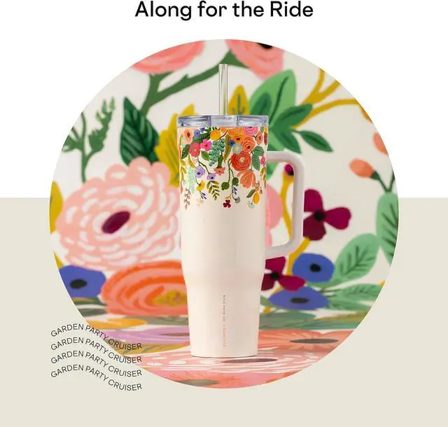 Alt view image 3 of 6 - Corkcicle x Rifle Paper Co. Cruiser Insulated Tumbler with Handle & Straw - Keeps Drinks Cold 20 Hours - BPA-Free - Gift for Mom - Great for Mother's Day or Christmas - 40 oz - Garden Party Cream
