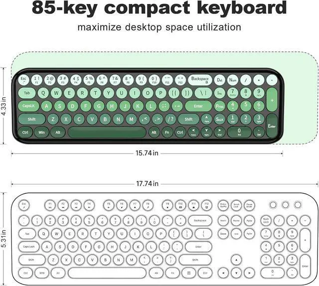 Alt view image 4 of 7 - MOFII Wireless Keyboard and Mouse Combo, Compact Typewriter Retro Round Computer Keyboard and Mouse Set, Plug and Play, for Windows, Computer, Desktop, PC, Notebook - Black Green Gradient