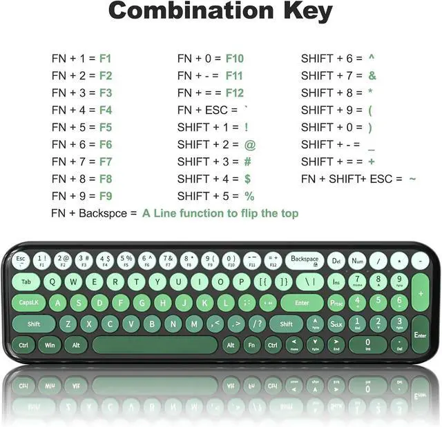 Alt view image 6 of 7 - MOFII Wireless Keyboard and Mouse Combo, Compact Typewriter Retro Round Computer Keyboard and Mouse Set, Plug and Play, for Windows, Computer, Desktop, PC, Notebook - Black Green Gradient