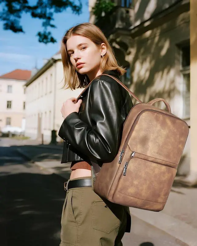 Alt view image 2 of 7 - Leather Backpack for Women, 15.6 inch Laptop Purse Daypack Camel | Women's computer Backpack: Dedicated 15.6" Compartment, 8-Pocket Organization, Luggage Strap, Travel/Business/Work