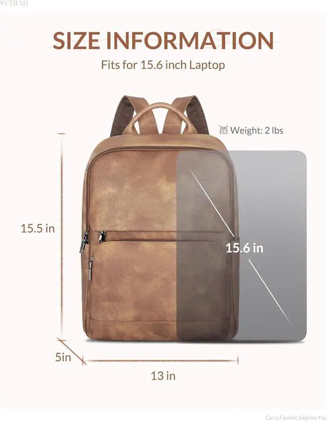 Alt view image 3 of 7 - Leather Backpack for Women, 15.6 inch Laptop Purse Daypack Camel | Women's computer Backpack: Dedicated 15.6" Compartment, 8-Pocket Organization, Luggage Strap, Travel/Business/Work