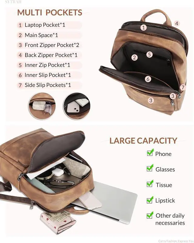 Alt view image 5 of 7 - Leather Backpack for Women, 15.6 inch Laptop Purse Daypack Camel | Women's computer Backpack: Dedicated 15.6" Compartment, 8-Pocket Organization, Luggage Strap, Travel/Business/Work