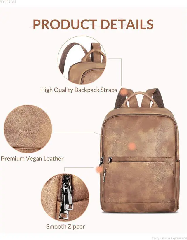 Alt view image 6 of 7 - Leather Backpack for Women, 15.6 inch Laptop Purse Daypack Camel | Women's computer Backpack: Dedicated 15.6" Compartment, 8-Pocket Organization, Luggage Strap, Travel/Business/Work