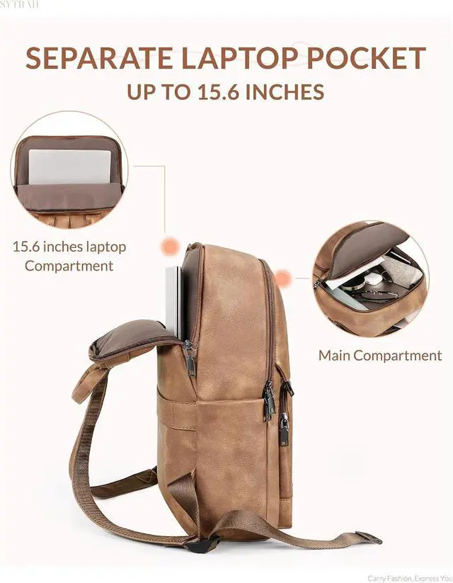 Alt view image 4 of 7 - Leather Backpack for Women, 15.6 inch Laptop Purse Daypack Camel | Women's computer Backpack: Dedicated 15.6" Compartment, 8-Pocket Organization, Luggage Strap, Travel/Business/Work