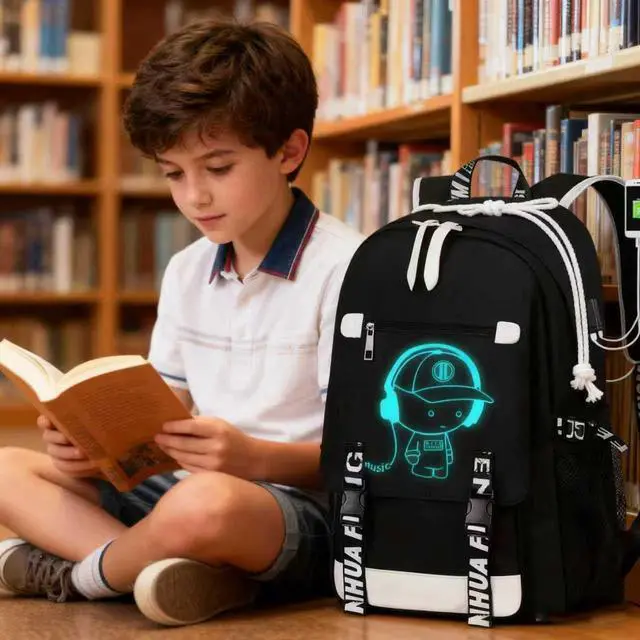Alt view image 4 of 7 - School Backpack for Boys Print Backpack Teenagers Anime Large School Bag Outdoor Reflective Daypack.Luminous Pattern Travel Laptop Backpack - With Usb Charging Port Headphone port