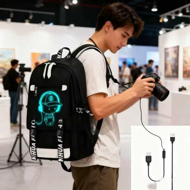 Alt view image 6 of 7 - School Backpack for Boys Print Backpack Teenagers Anime Large School Bag Outdoor Reflective Daypack.Luminous Pattern Travel Laptop Backpack - With Usb Charging Port Headphone port
