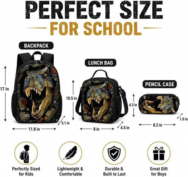 Alt view image 2 of 7 - Dinosaur Backpack with Lunch Box, for Boys Aged 57 Jurassic T. rex Fan Favorite: 3-in-1 School Backpack Set, Waterproof Nylon Fabric, 17" (T. rex 9603)