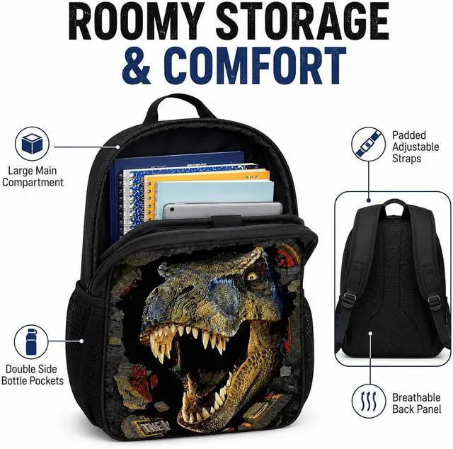 Alt view image 4 of 7 - Dinosaur Backpack with Lunch Box, for Boys Aged 57 Jurassic T. rex Fan Favorite: 3-in-1 School Backpack Set, Waterproof Nylon Fabric, 17" (T. rex 9603)