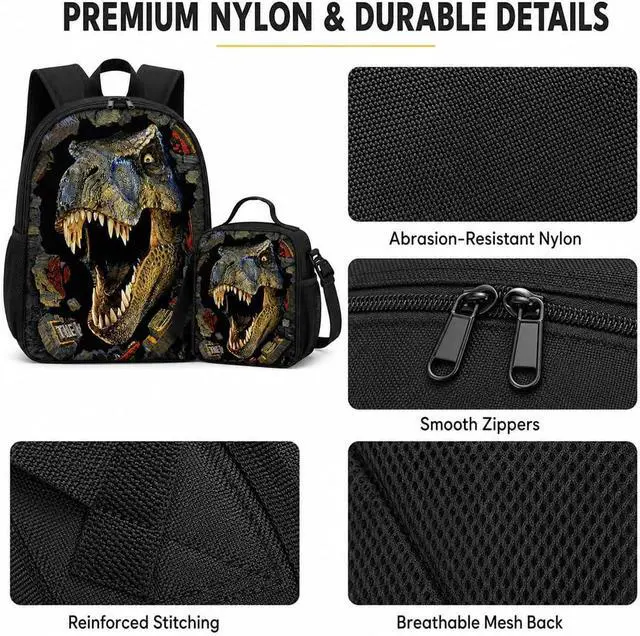 Alt view image 6 of 7 - Dinosaur Backpack with Lunch Box, for Boys Aged 57 Jurassic T. rex Fan Favorite: 3-in-1 School Backpack Set, Waterproof Nylon Fabric, 17" (T. rex 9603)