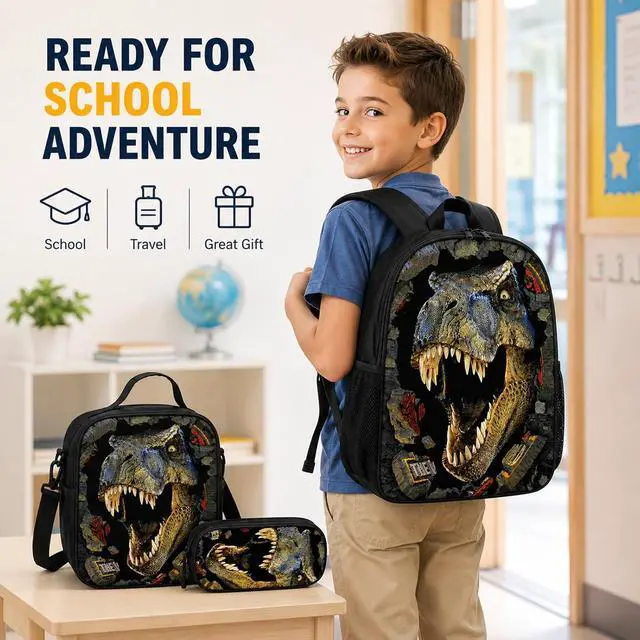 Alt view image 7 of 7 - Dinosaur Backpack with Lunch Box, for Boys Aged 57 Jurassic T. rex Fan Favorite: 3-in-1 School Backpack Set, Waterproof Nylon Fabric, 17" (T. rex 9603)