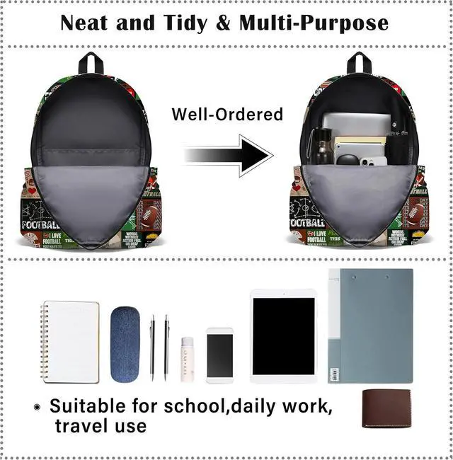 Alt view image 4 of 7 - Fire Football School Backpack for Boys Bookbag, 17 Inch Football Backpack for School, Kids Footballs Sports Theme Laptop Back Pack for School Travel Hiking Camping