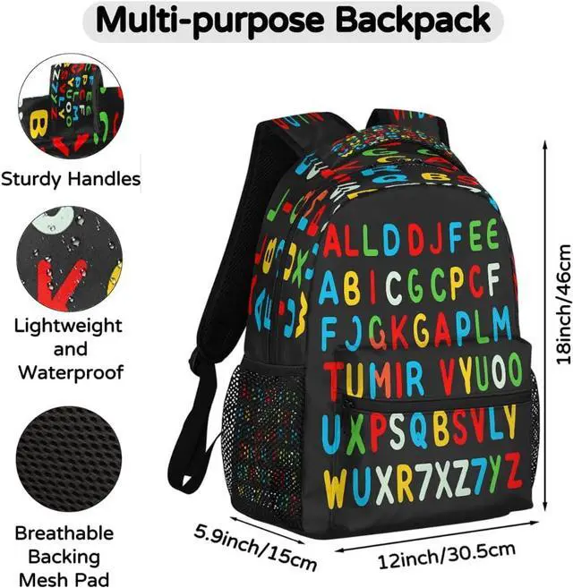 Alt view image 2 of 7 - Education Alphabet School Bag Backpack College Bookbag, Rainbow Letter Laptop Backpacks Computer Bag Travel Hiking Camping Daypack for Women Girls Men Boys Students