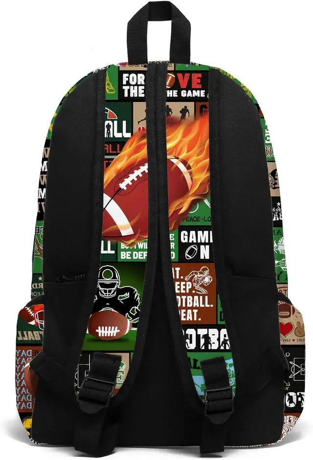 Alt view image 6 of 7 - Fire Football School Backpack for Boys Bookbag, 17 Inch Football Backpack for School, Kids Footballs Sports Theme Laptop Back Pack for School Travel Hiking Camping