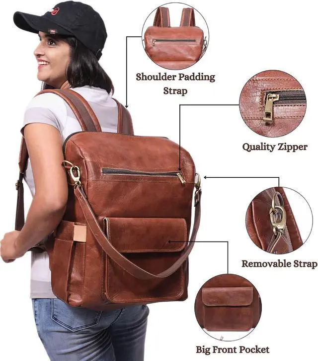 Alt view image 2 of 7 - Genuine Leather Laptop Backpack for Women Designer Brown Leather Backpack Purse with 15.6-inch Laptop Computer Compartment Best for Work, Travel, and Daily Use