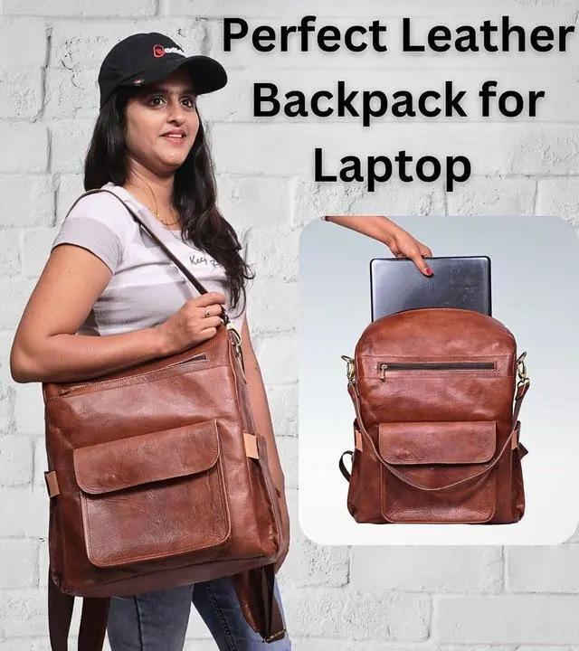 Alt view image 3 of 7 - Genuine Leather Laptop Backpack for Women Designer Brown Leather Backpack Purse with 15.6-inch Laptop Computer Compartment Best for Work, Travel, and Daily Use