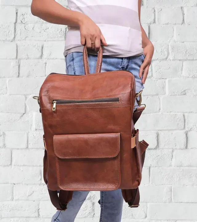 Alt view image 7 of 7 - Genuine Leather Laptop Backpack for Women Designer Brown Leather Backpack Purse with 15.6-inch Laptop Computer Compartment Best for Work, Travel, and Daily Use