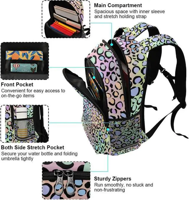 Alt view image 5 of 7 - MNSRUU School Backpack with Chest Strap, Leopard Print Laptop Backpack, Travel Hiking Backpack for Boys Girls, Rucksack, Knapsack