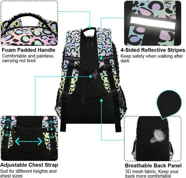 Alt view image 4 of 7 - MNSRUU School Backpack with Chest Strap, Leopard Print Laptop Backpack, Travel Hiking Backpack for Boys Girls, Rucksack, Knapsack