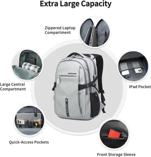 Alt view image 5 of 7 - ARCTIC HUNTER AH Travel Carry On 15.6" Laptop Backpack for Men, Large 30L Anti-Theft & Waterproof Backpacks Flight Approved for Business, Commuting, Work, Weekend Casual Daypack, Grey, Silver