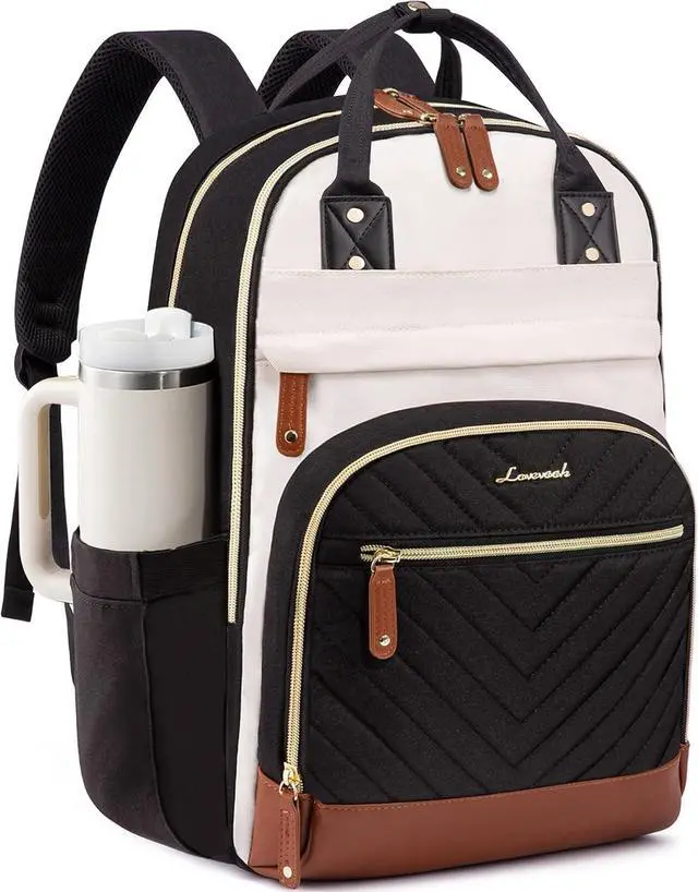 Main image of LOVEVOOK Laptop Backpack Women with Giant Tumbler Holder,15.6 inch Waterproof Work Travel Backpack Computer Laptop Bag,Cute College Nurse Teacher Backpack Purse,Gifts for Women & Men,Beige-Black-Brown