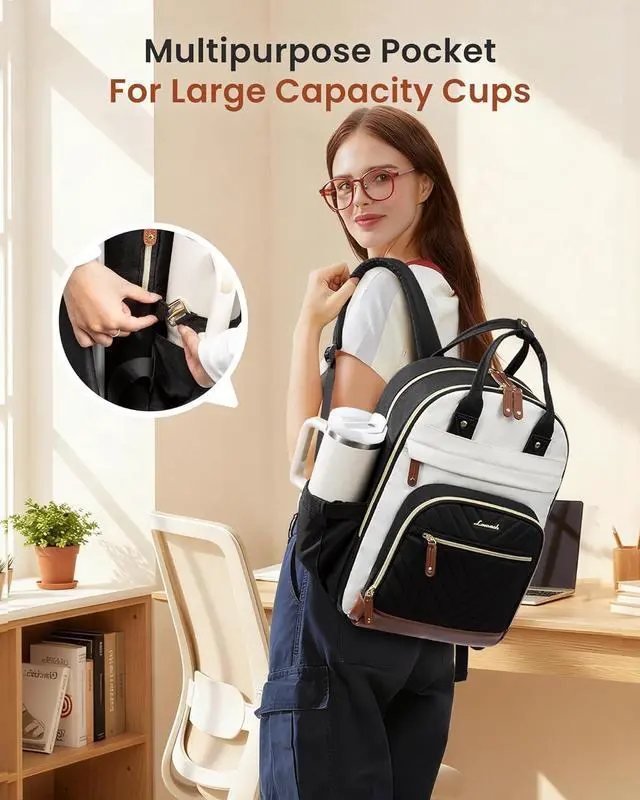 Alt view image 3 of 7 - LOVEVOOK Laptop Backpack Women with Giant Tumbler Holder,15.6 inch Waterproof Work Travel Backpack Computer Laptop Bag,Cute College Nurse Teacher Backpack Purse,Gifts for Women & Men,Beige-Black-Brown