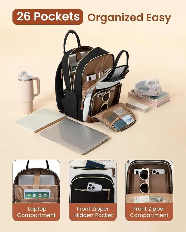 Alt view image 4 of 7 - LOVEVOOK Laptop Backpack Women with Giant Tumbler Holder,15.6 inch Waterproof Work Travel Backpack Computer Laptop Bag,Cute College Nurse Teacher Backpack Purse,Gifts for Women & Men,Beige-Black-Brown