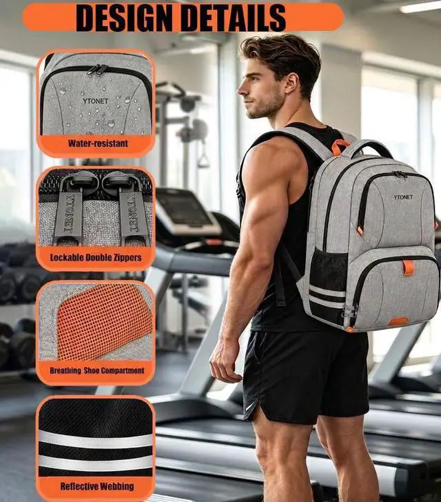 Alt view image 2 of 7 - Ytonet Gym Backpack for Men Women, Backpack for Men with Shoe Compartment | Water Resistant Workout Sports Bag Fits 15.6 Inch Laptop for Sports Camping Hiking Grey