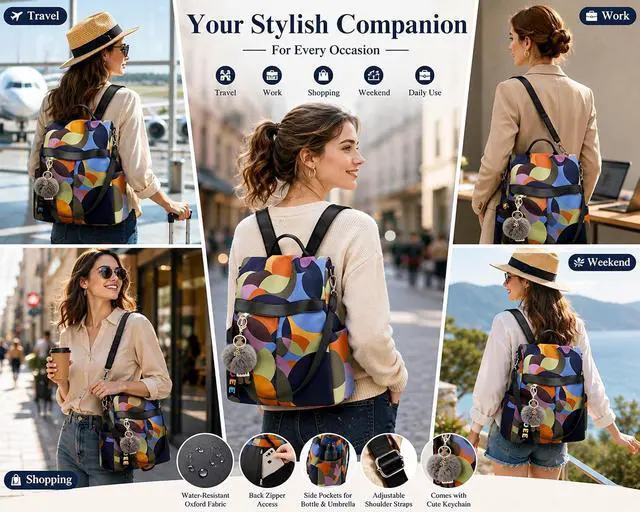 Alt view image 3 of 7 - Anti Theft Backpack Purse for Women, Small Water-Resistant Oxford Backpack with Back Zipper Access, Convertible Shoulder Bag for Travel, Work, Shopping & Everyday Use