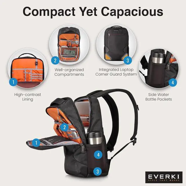 Alt view image 3 of 7 - EVERKI Studio Slim Laptop Backpack with Computer Compartment, Black - 14L | Slim Professional Design, Corner-Guard Protection, Lightweight, Business, Work, Travel-Friendly, Fits Laptops up to 15"