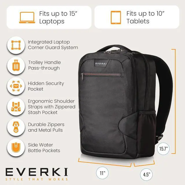 Alt view image 5 of 7 - EVERKI Studio Slim Laptop Backpack with Computer Compartment, Black - 14L | Slim Professional Design, Corner-Guard Protection, Lightweight, Business, Work, Travel-Friendly, Fits Laptops up to 15"