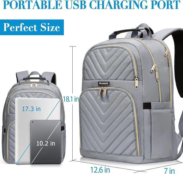 Alt view image 4 of 7 - Laptop Backpack for Women, Large Middle School Backpack for Teens Girls | 17.3 Inch Quilted Laptop Bag Bookbag College Bag, Work Travel Casual Daypacks, Grey