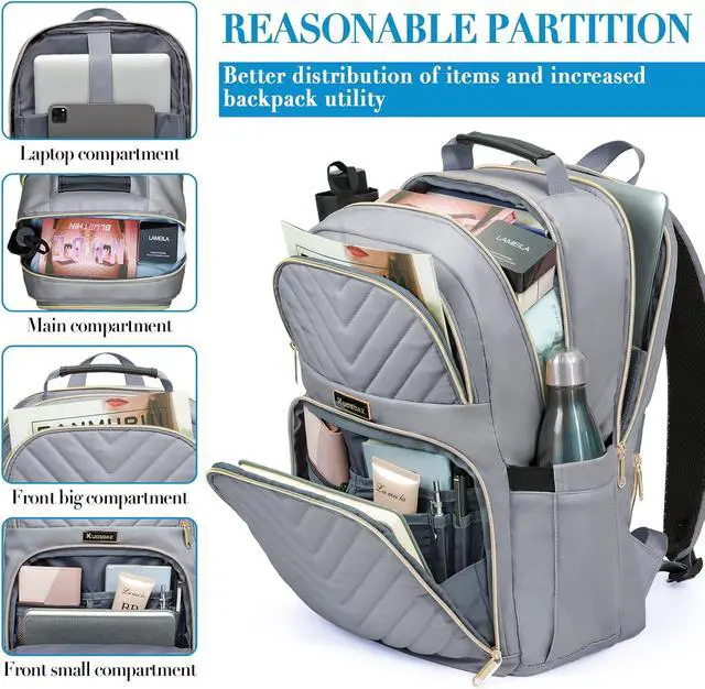 Alt view image 3 of 7 - Laptop Backpack for Women, Large Middle School Backpack for Teens Girls | 17.3 Inch Quilted Laptop Bag Bookbag College Bag, Work Travel Casual Daypacks, Grey