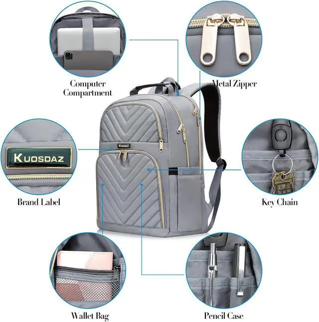 Alt view image 5 of 7 - Laptop Backpack for Women, Large Middle School Backpack for Teens Girls | 17.3 Inch Quilted Laptop Bag Bookbag College Bag, Work Travel Casual Daypacks, Grey