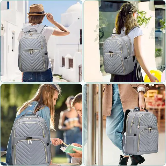 Alt view image 7 of 7 - Laptop Backpack for Women, Large Middle School Backpack for Teens Girls | 17.3 Inch Quilted Laptop Bag Bookbag College Bag, Work Travel Casual Daypacks, Grey