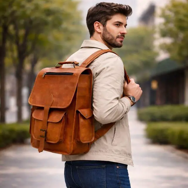 Alt view image 2 of 7 - Shy Shy Let's Touch The Sky 16" Vintage leather Backpack Laptop Messenger Bag Lightweight College Rucksack Sling for Men Women